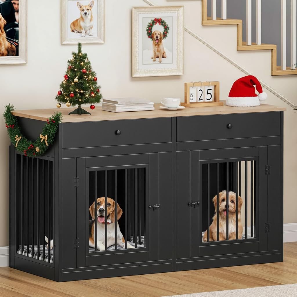 Photo 1 of YITAHOME 60" Double Wooden Dog Crate Furniture with Removable Divider & Storage Drawers, 2 Doors Kennel with Locks for Medium & Large Dogs, Multi-Functional Dog Crate End Table for Indoor use, Black