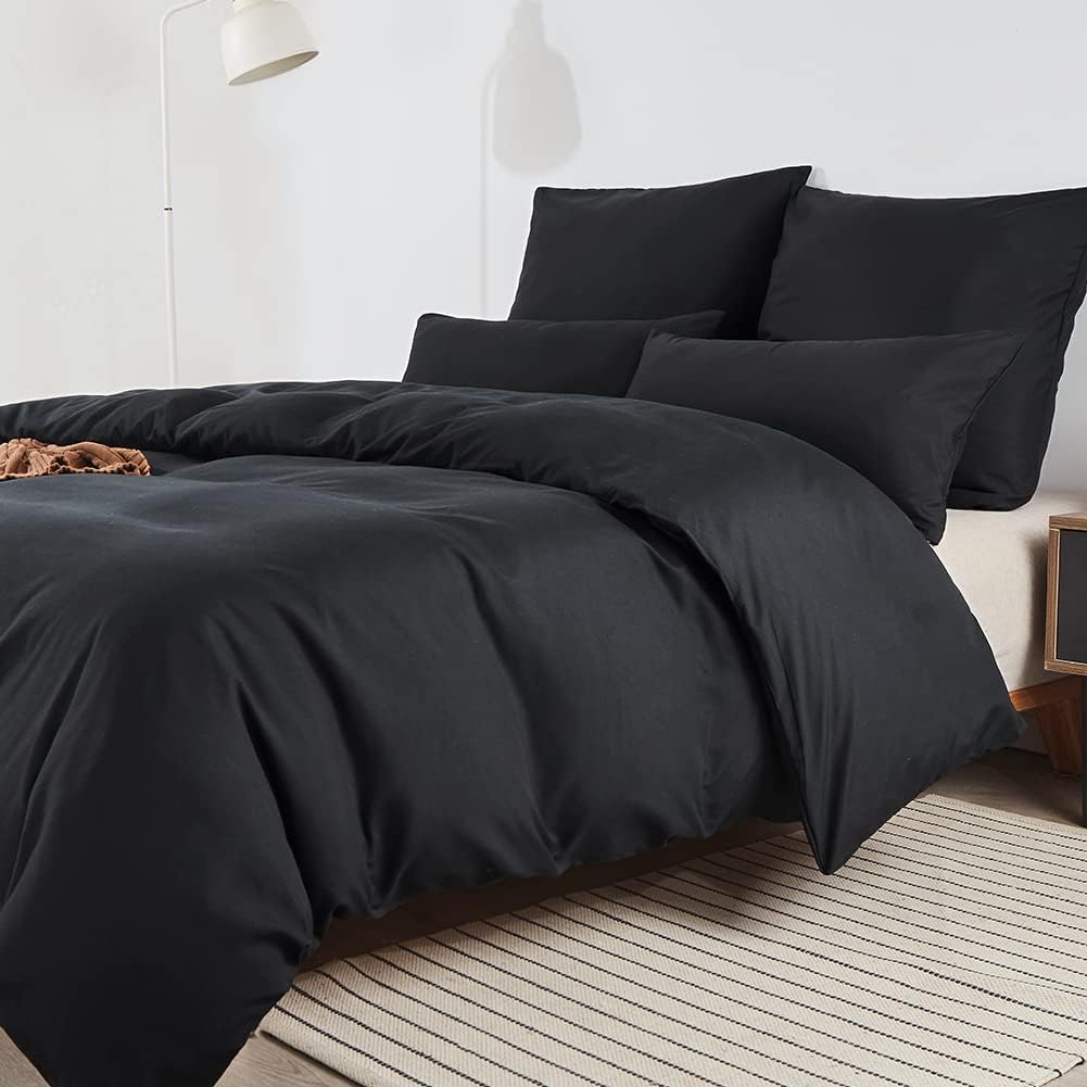 Soifox Double Duvet Cover Set - Black Bedding Set Double Bed with Zipper Closure, Soft Microfiber Quilt Cover with 2 Pillowcases
