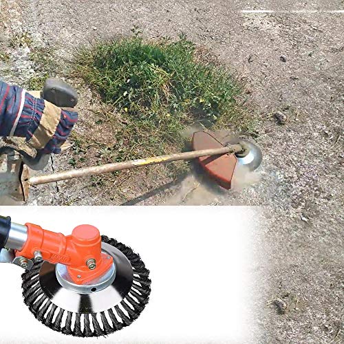 FUNTECK Steel Wire Brush Trimmer Head with Lawnmower Blade Adapter Attachment Kit for Trimming Around Brick Cement and Stone, Fits Most of Straight Shaft String Trimmer (6 inch)