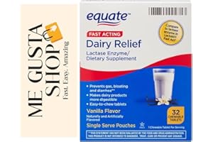 ME GUSTA SHOP Equate Fast Acting Dairy Relief Lactase Enzyme Dietary Supplement Vanilla Flavor chewables Tablets 32 Count (Pack of 01) + Me Gustas Sticker