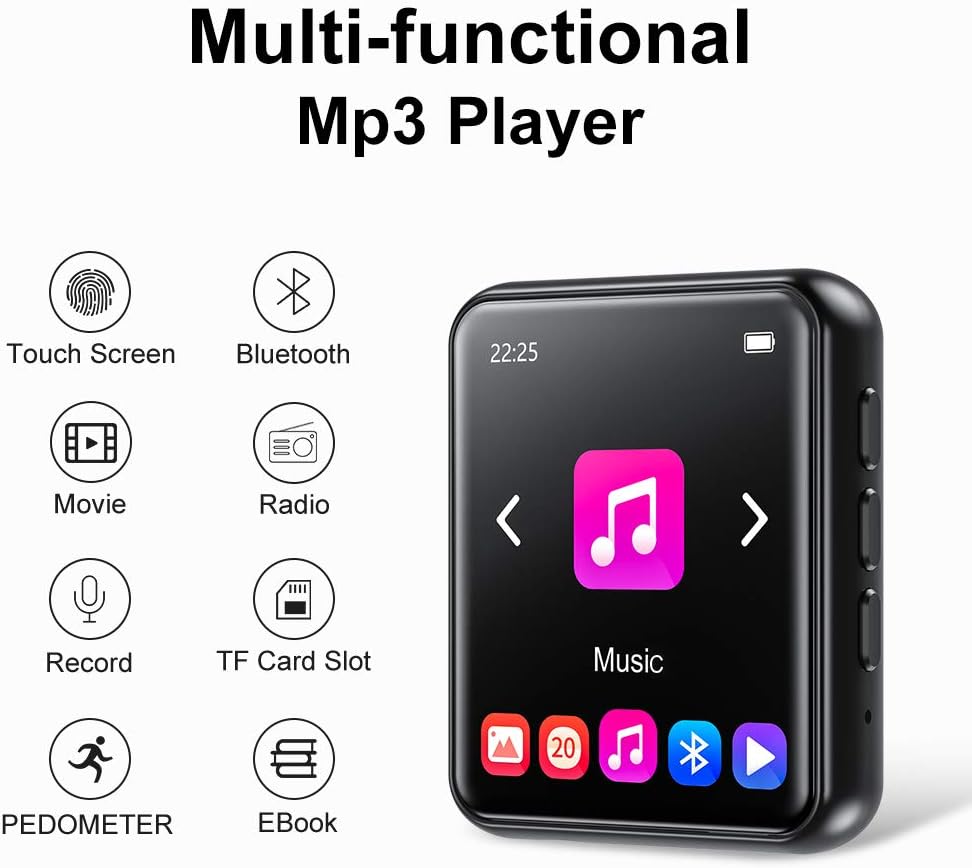 MP3 Player Bluetooth 5.0 Touch Screen Music Player 16GB Portable mp3 Player with Speakers high Fidelity Lossless Sound Quality mp3 FM Radio Recording e-Book 1.8 inch Screen MP3 Player Support (128GB): Electronics