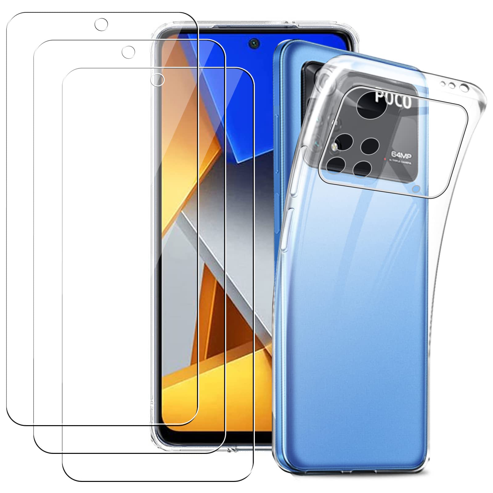KZIOACSH Case for Xiaomi Poco M4 Pro 4G, Soft Ultra Slim Anti-Fall Shockproof Clear Bumper Cover Anti-Scratch Transparent Phone Case with 3 Tempered Glass Screen Protector for Xiaomi Poco M4 Pro 4G