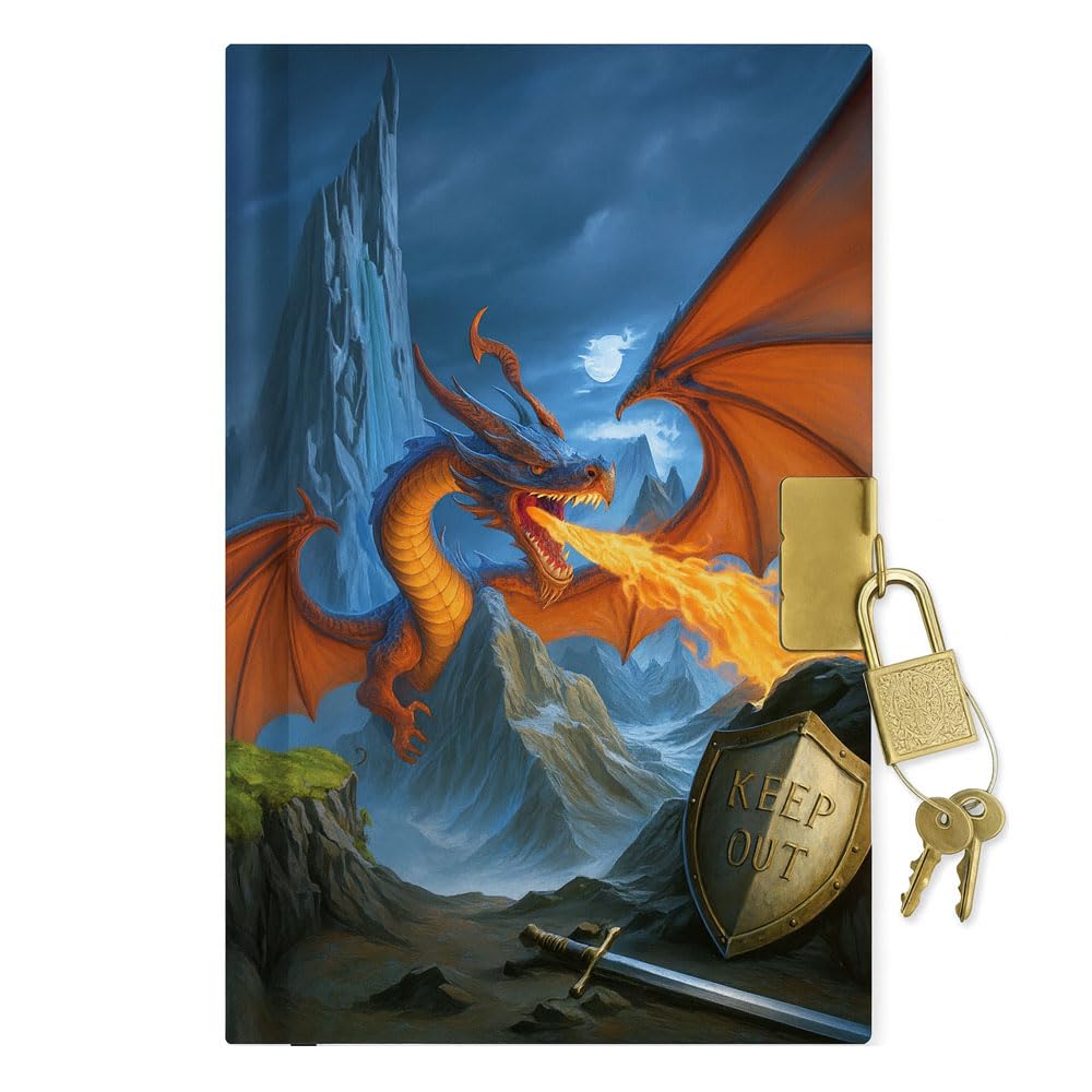 Sixstore A6 Undated Boys Top Secret Diary with Ribbon Divider, Padlock and Key, 15 x 11cm, Kids Notebook for Boys, Dragon