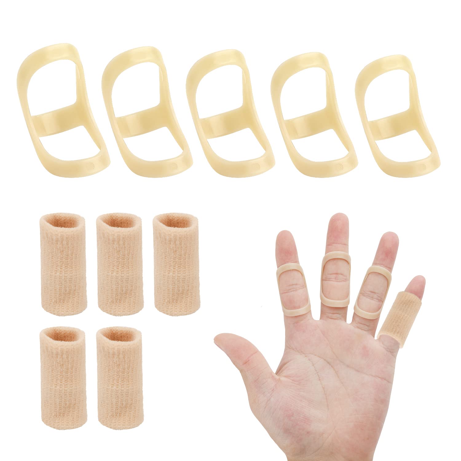 SAVITA 10pcs Oval Finger Splint, 5 Sizes Finger Splint Ring Oval Finger Splint Support 5 Oval Finger Splints & 5 Finger Compression Sleeves For Thumb Middle Pinky Ring Finger Index (Complexion)