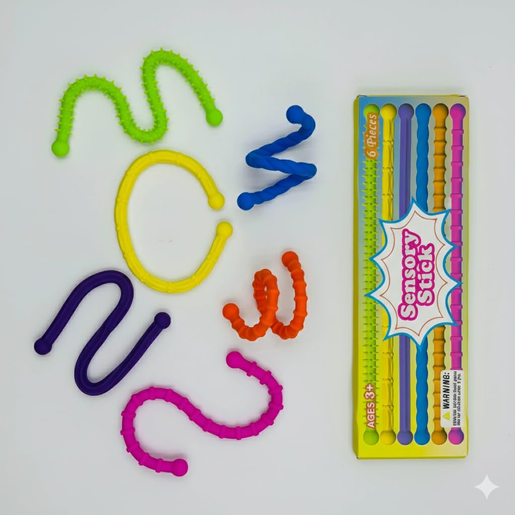 Wzhiy 6 Pack Fidget Toys Textured Stretchy Sensory Stick, Colorful Quiet Calming Sensory Toys, Silicone Noodles Fidget Toy for Kids & Adults, Classroom Office Travel Activities Essential