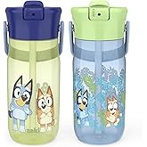 Zak Designs Harmony Bluey Water Bottle for Travel or At Home, 18oz Durable Plastic is Leak-Proof When Closed with Straw Lid and Carry Handle, 2-Pack (Bluey and Bingo)