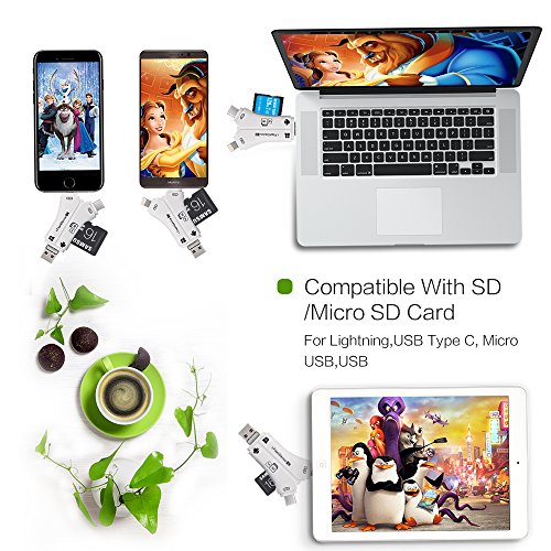 Card Reader, 4 in 1 i Flash Drive USB Micro SD &TF Card Reader Adapter for iPhone iPad IOS Android (White)
