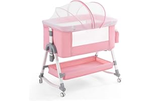 SOOBABY 3 in 1 Baby Bassinet, Rocking Bassinets Bedside Sleeper with Comfy Mattress and Wheels, Height Adjustable Easy Folding Portable Bedside Crib for Newborn Infant,Pink