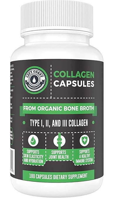 Organic Collagen Pills Supplement - 180 Count - Organic, Grass Fed Bovine & Organic Chicken Bone Broth. Collagen Types 1,2,3. Supports Nails, Hair, Joints, Skin & Gut Health. Left Coast Performance best collagen supplement
