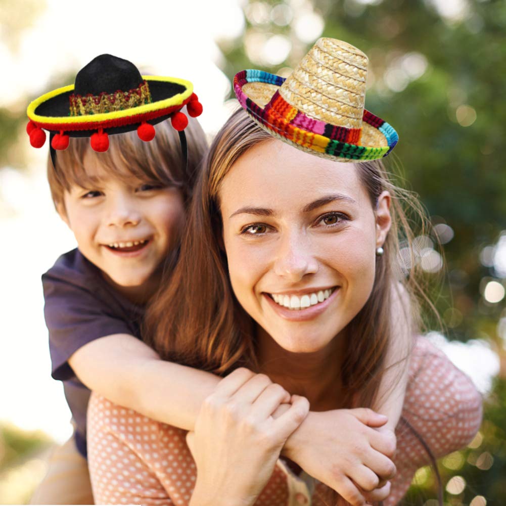 2 PCS Cinco de Mayo Fiesta Fabric and Straw Sombrero Headbands Hat for Fiesta Carnival Birthday Summer Party