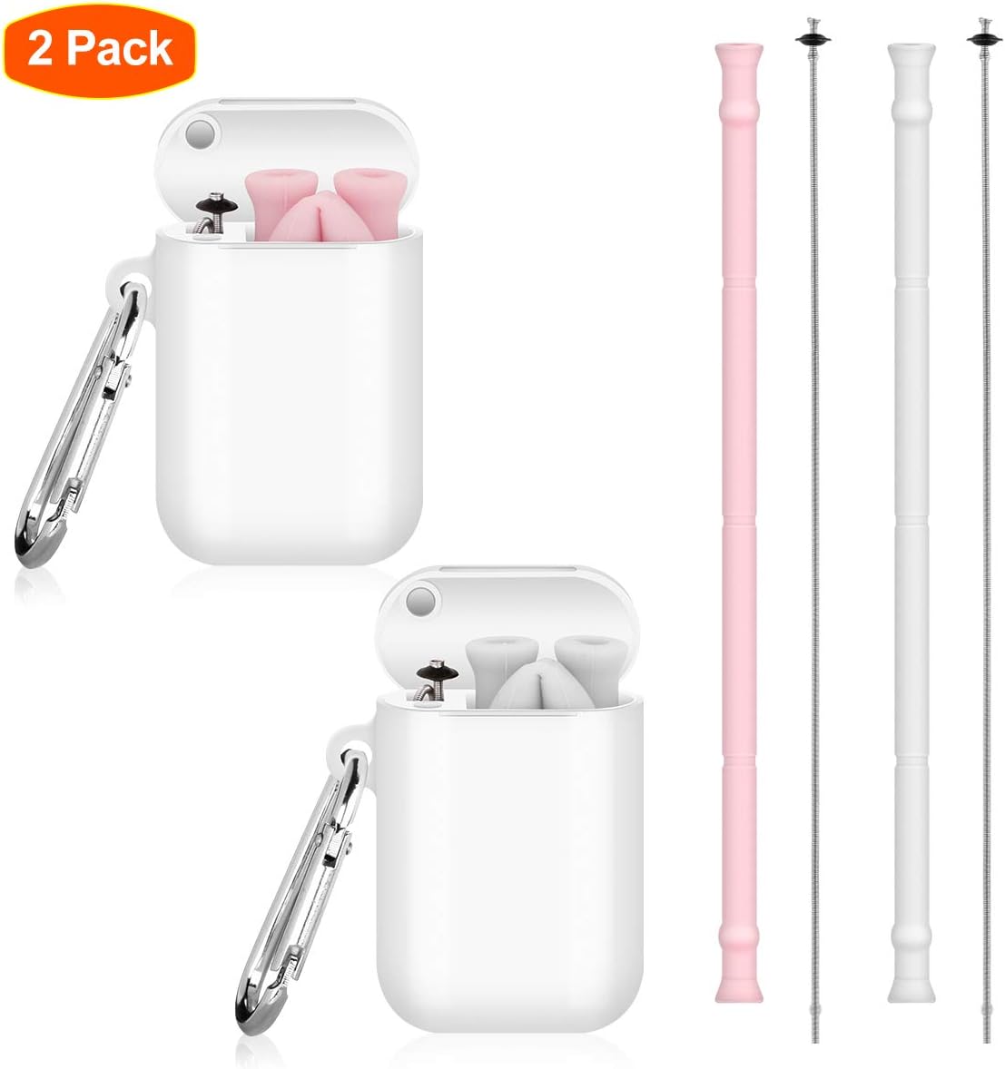Lalafancy Reusable Silicone Collapsible Straws, 2 Pack Food-Grade Folding Drinking Straw Keychain Portable Set with Carrying Case and Cleaning Brush