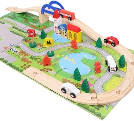 Amazon Smiim 木製 ミニカー 木製レール おもちゃ タウン 組み立て て遊ぶ 木製おもちゃ タウン ジオラマ おもちゃ