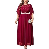 ZOMVA Plus Size 0X-4X Formal Dress Sequin Lace Chiffon A-line Maxi Dress Handkerchief Sleeve Evening Wedding Guest Prom Gown