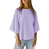 Tankaneo Womens Oversized Tshirts 3/4 Sleeve Drop Shoulder Tops Summer Casual Loose Fit Basic Tee Shirts