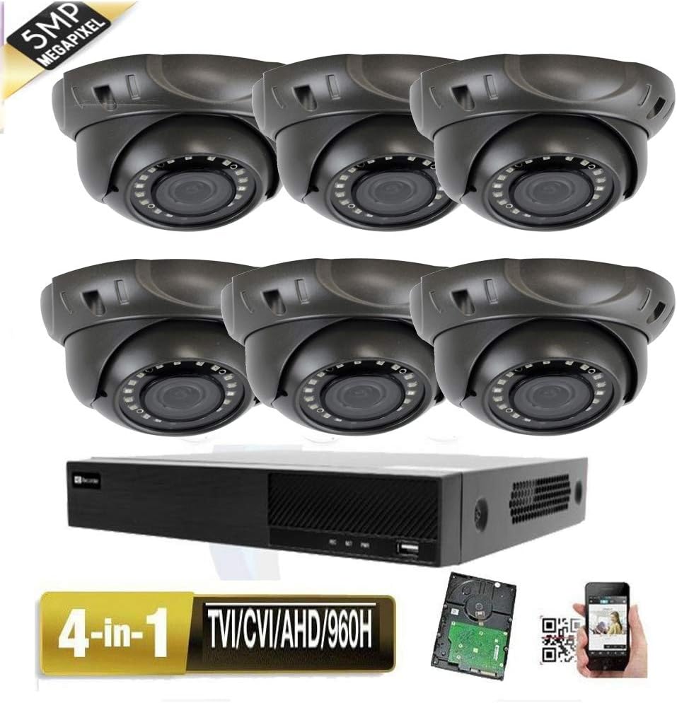 Amview 8CH All-in-1 TVI AHD CVI 960H DVR (6) 5MP 4-in-1 Indoor Outdoor CCTV Security Surveillance Camera System with 2TB Hard Drive