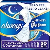 Always Infinity Feminine Pads for Women, Flexfoam Pads with Wings, Size 5, Extra Heavy Overnight Absorbency, Unscented, 30 Count