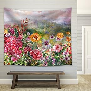 Landscape of Multicolored Flowers Watercolor Painting Style. - Fabric Wall Tapestry Home Decor - 51x60 inches