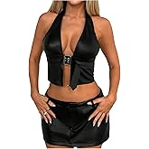 MakeMeChic Women's PU Leather Going Out Top Buckle Y2K Halter Crop Corset Party Clubwear