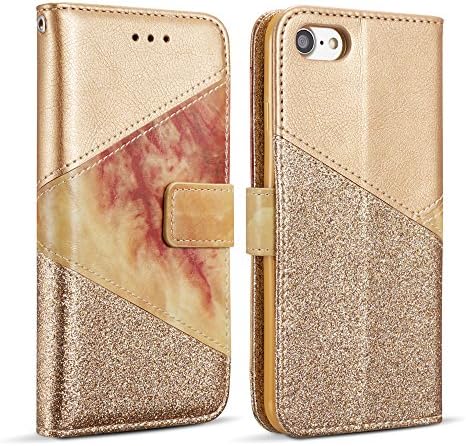 ZCDAYEWallet Case for iPhone 5 5S SE,Premium Bling Glitter [Magnetic Closure] PU Leather [Ceramic Pattern] Stand Soft TPU with [Card Slots] Flip Cover for iPhone 5/5S/SE - Gold