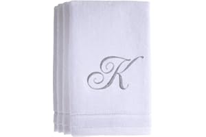 CREATIVE SCENTS Monogrammed Towels Fingertip, Personalized Gift, 11 x 18 Inches - Set of 4- Silver Embroidered Towel - Extra Absorbent 100% Cotton- Soft Velour Finish - For Bathroom/ Kitchen/ Spa- Initial K (White)