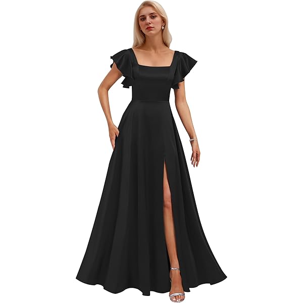 IIF Women's Black Silk Satin Bridesmaid Dresses 2025 with Slit