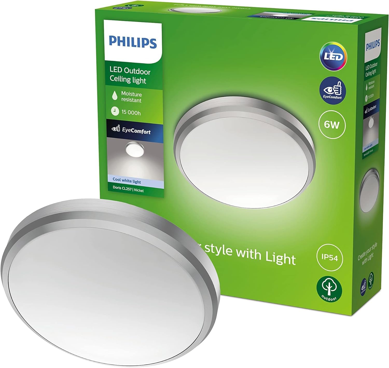 Philips LED Doris Outdoor Ceiling Light 6W [Cool White - Nickel] Water Resistant IP54, For Garden, Patio and Terrace Lighting.