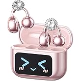 PAXA Stylish Open Ear Clip On Earbuds with Removable Diamond Earring, Clip On Headphones with LCD Touch Screen, Fashionables Open Ear Headphones for Women, Diamond Earring Rose Gold Earbuds