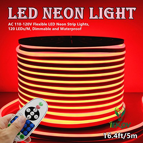 LED NEON Light, IEKOVTM AC 110-120V Flexible LED Neon Strip Lights, 120 LEDs/M, Waterproof 2835 SMD LED Rope Light + Controller Power Cord for Home Decoration (16.4ft/5m, Red)