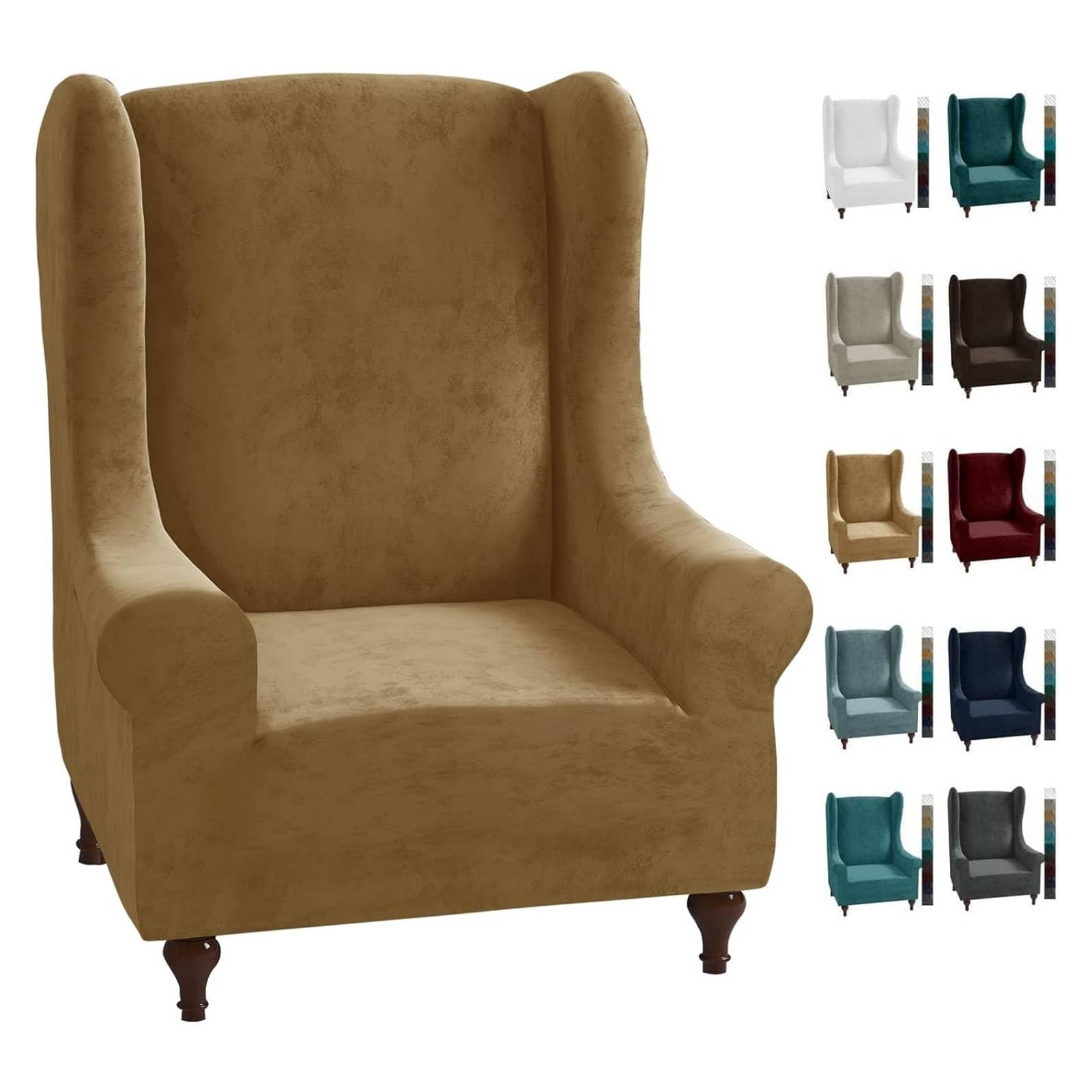 CHELZEN Stretch Velvet Wingback Chair Slipcover Soft Slipcovers for Wingback Chairs Wing Chair Cover with Elastic Bottom (Wing Chair, Camel)