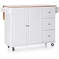 Sophia & William Kitchen Island Cart on Wheels with Drop-Leaf and Rubber Wood Top, Rolling Kitchen Trolley with 2-Door Storage Cabinet, 3 Drawers, Towel and Spice Rack, White