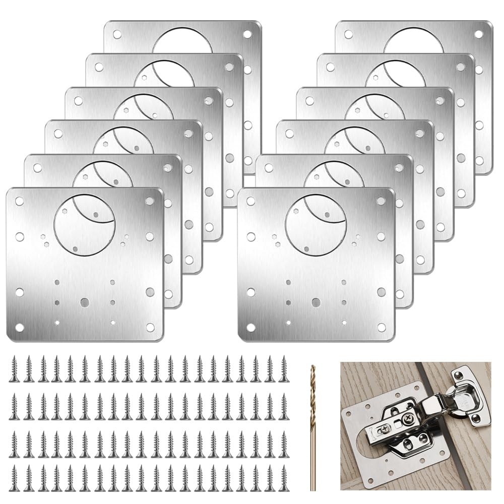 GYSRXS 12 PCS Hinge Repair Plate 9×9CM Hinge Repair Brackets with Holes Repair Plates with 80×Screws and Screwdriver for Kitchen Door Cupboard Cabinet,Stainless Steel(Silver)