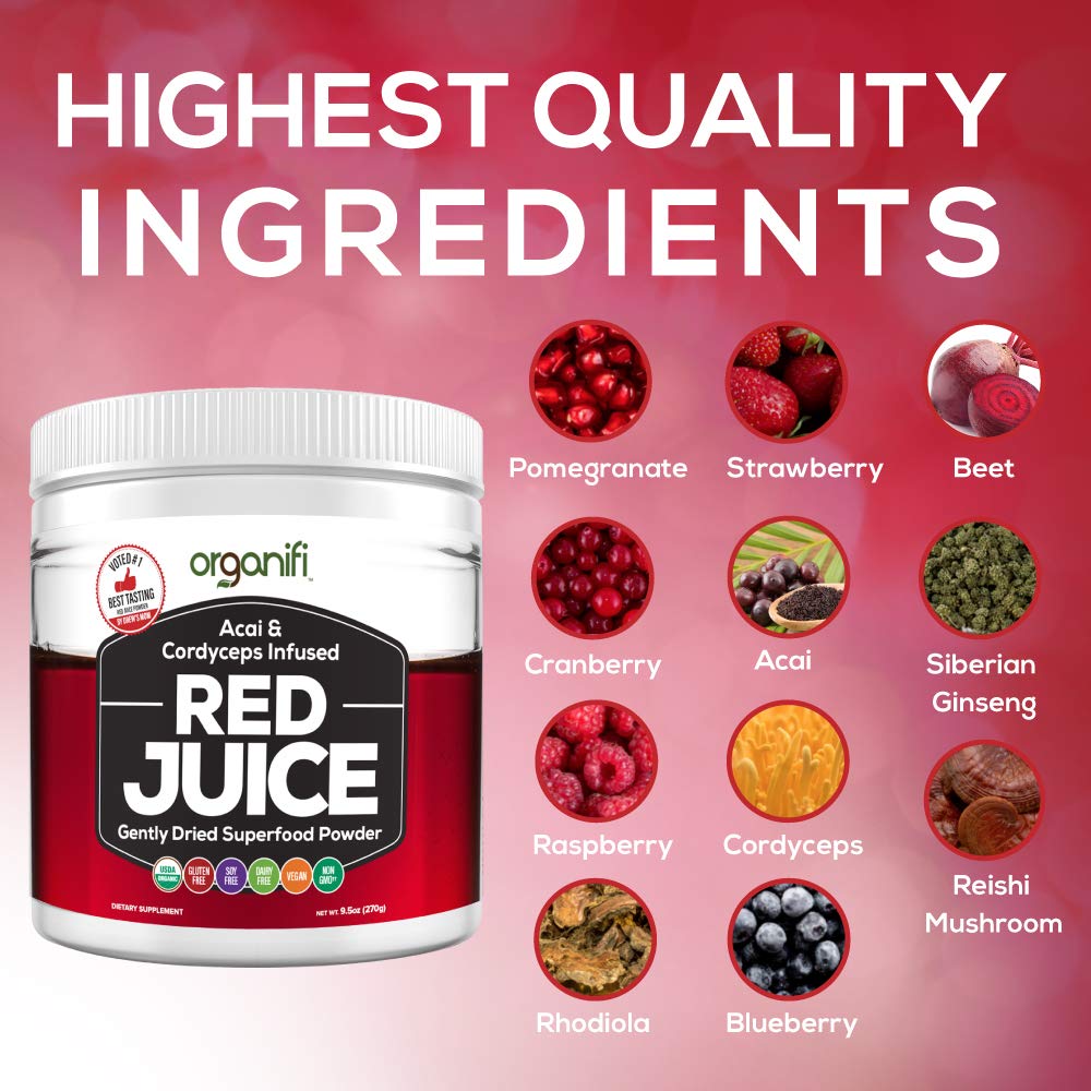 Organic Superfood Powder - Organifi - Red Juice Super Food Supplement - 30 Day Supply - USDA Certified Organic, Boosts Metabolism, and Reverses The Signs Of Aging