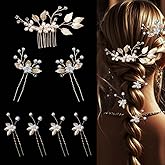 7PCS Gold Leaf Pearl Hair Pins Bride Wedding Party U-shaped Hair Styling Pins Hair Accessories Flower Headpieces for Brides Bridesmaids Women Girls