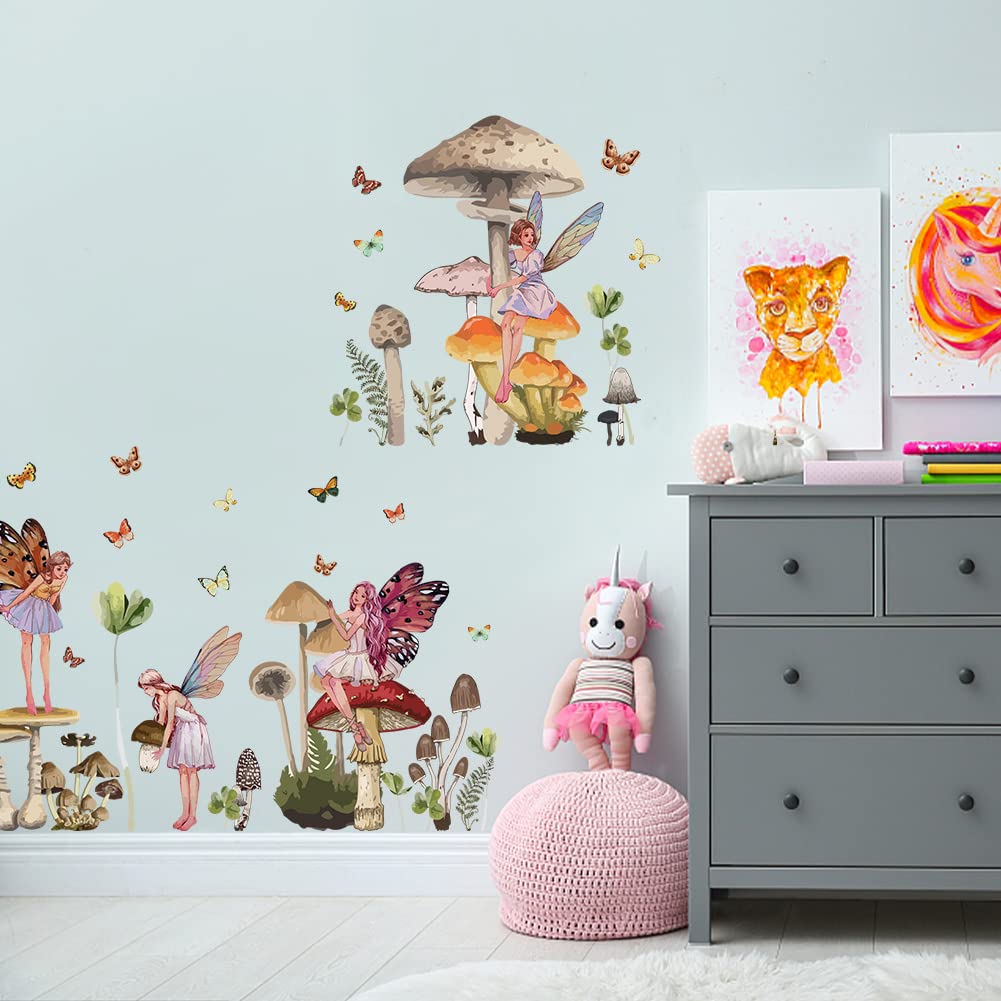 SUPERDANT Mushroom Fairy Wall Stickers Colorful Forest Wall Decal for Nursery Fairy Butterfly Wings Wall art Sticker for Living Room Playroom Nursery Wall Decor