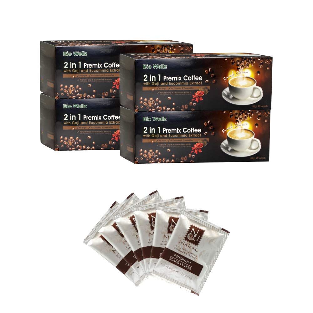 【4 Boxes】Bio Wellz 2 in 1 Instant Coffee blend with Super Food Goji Berry & Eucommia 【Free 6 Sachets Nugano Gourmet Black Coffee】