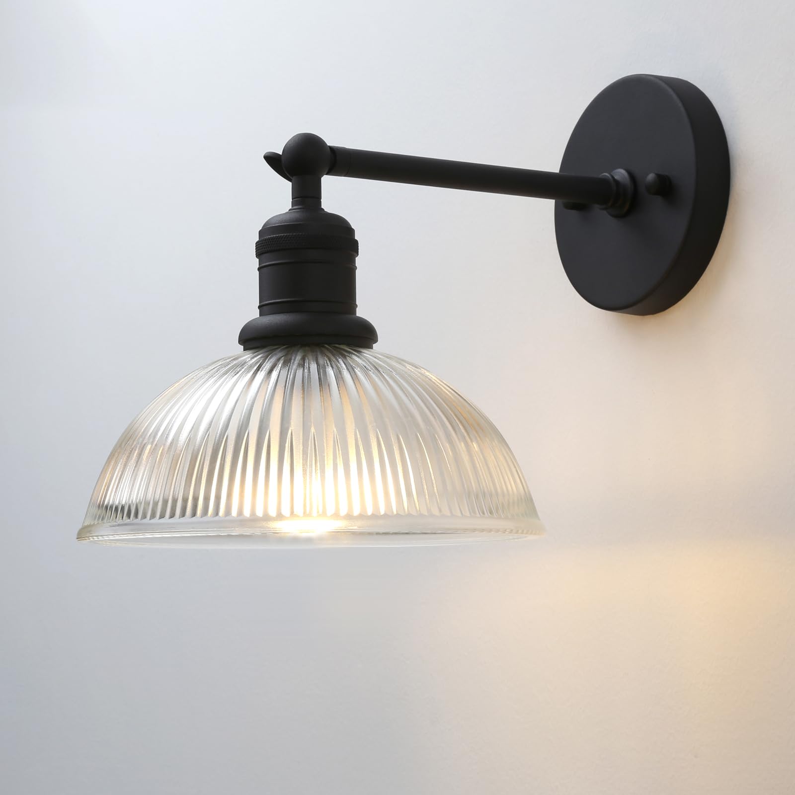 Photo 1 of Yosoan Indoor Wall Sconce with Striped Shade, 1-Light Modern Vanity Light Vintage Industrial Single Lamp Hardwired Clear Striped Bowl Glass Shade for Living Room Kitchen Bedroom Home Decor(Black)