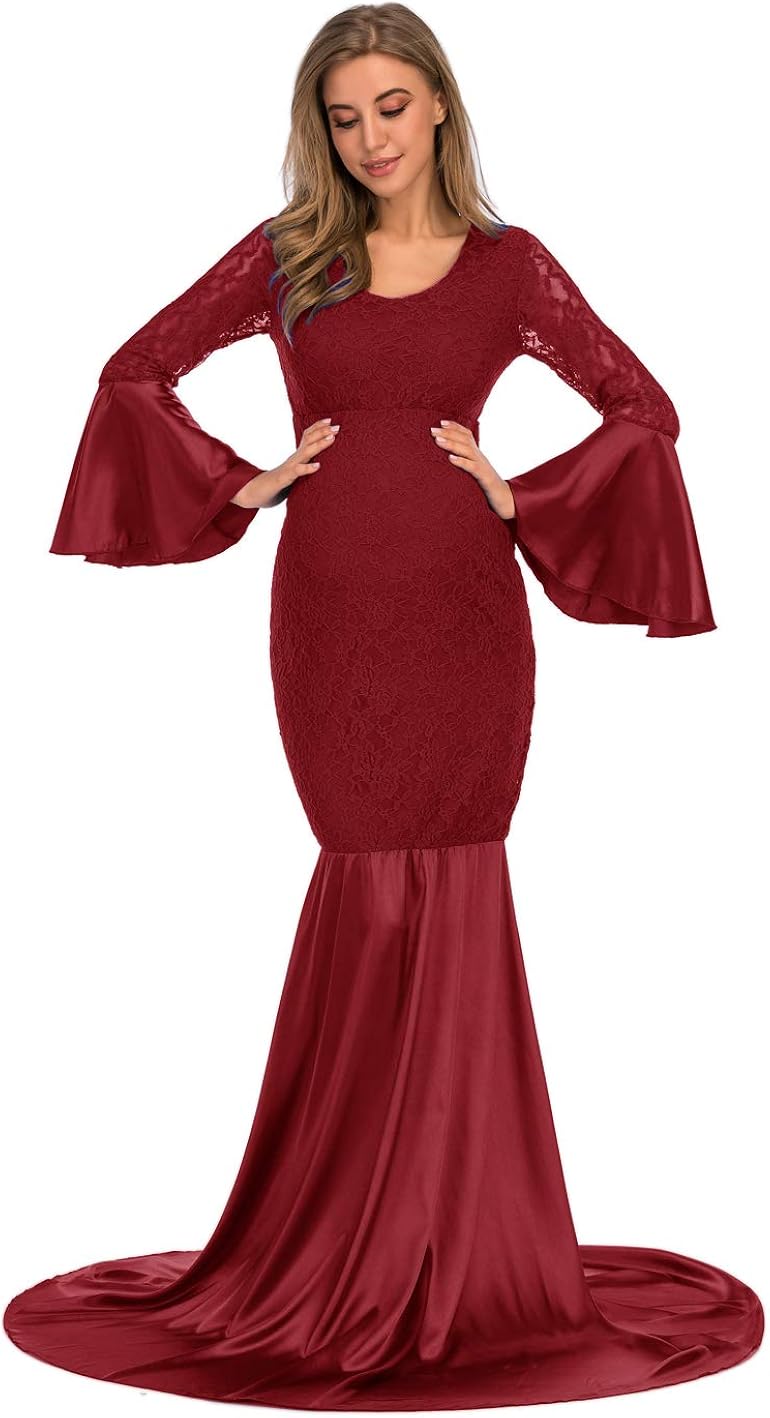ZIUMUDY Maternity Lace Fitted Gown Long Sleeve Maxi Mermaid Photography Dress Baby Shower Photo Shoot at  Women’s Clothing store