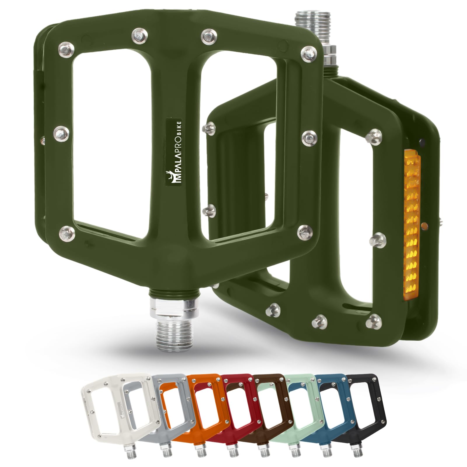 IMPALAPRO - Bike Pedals with Reflective in Nylon Fiber - Flat Bike Pedal with Selaed Bearing 9/16" - Mountain Bike - BMX - Road Bike - Flat with Reflectors (Army Green)