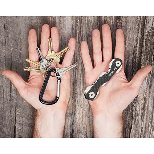 Compact Key Holder - A Carbon Fiber & Stainless Steel Key Chain Organizer that Holds Up to 18 Keys with Utility Multi-Tool - Key Gadget includes Pill Holder, Bottle Opener, Carabiner, Gift (Pack of 2)