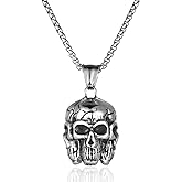 BIYONGDE Mens Vintage Skull Pendant Necklace, Antique Silver Stainless Steel Gothic Pendant of Three Dimensional Multi-Faces Skulls with 24 Inch Box Chain Necklace, Punk Rock Style