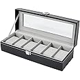Ohuhu Watch Box, Watch Case 6-Slot PU Leather Real Glass Lid Watch Holder Jewelry Organizer Storage box Soft velvet Watch Display Case for Men and Women Perfect Valentine's Day Gift