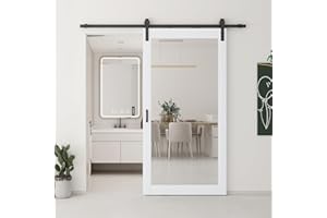 JUBEST 42x84 in Mirror Barn Door and 7FT Sliding Door Hardware Kit Included, White Full Length Mirror, Solid Wood Panel Covered with Water-Proof PVC Surface, No Assembly Required