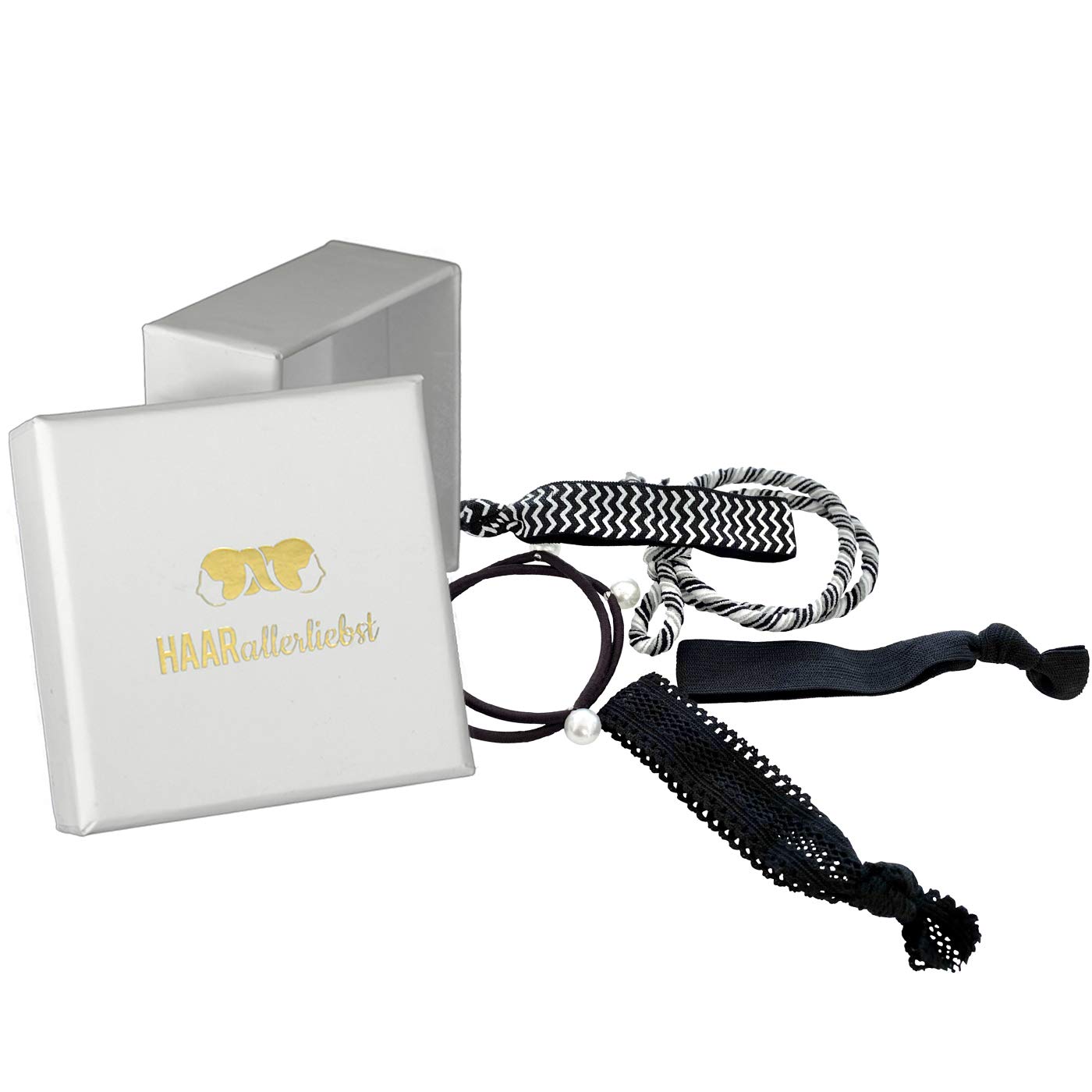 HAARallerliebst Hair Scrunchies Bracelets (Pack of 5) with Box for Storage (White - Black)