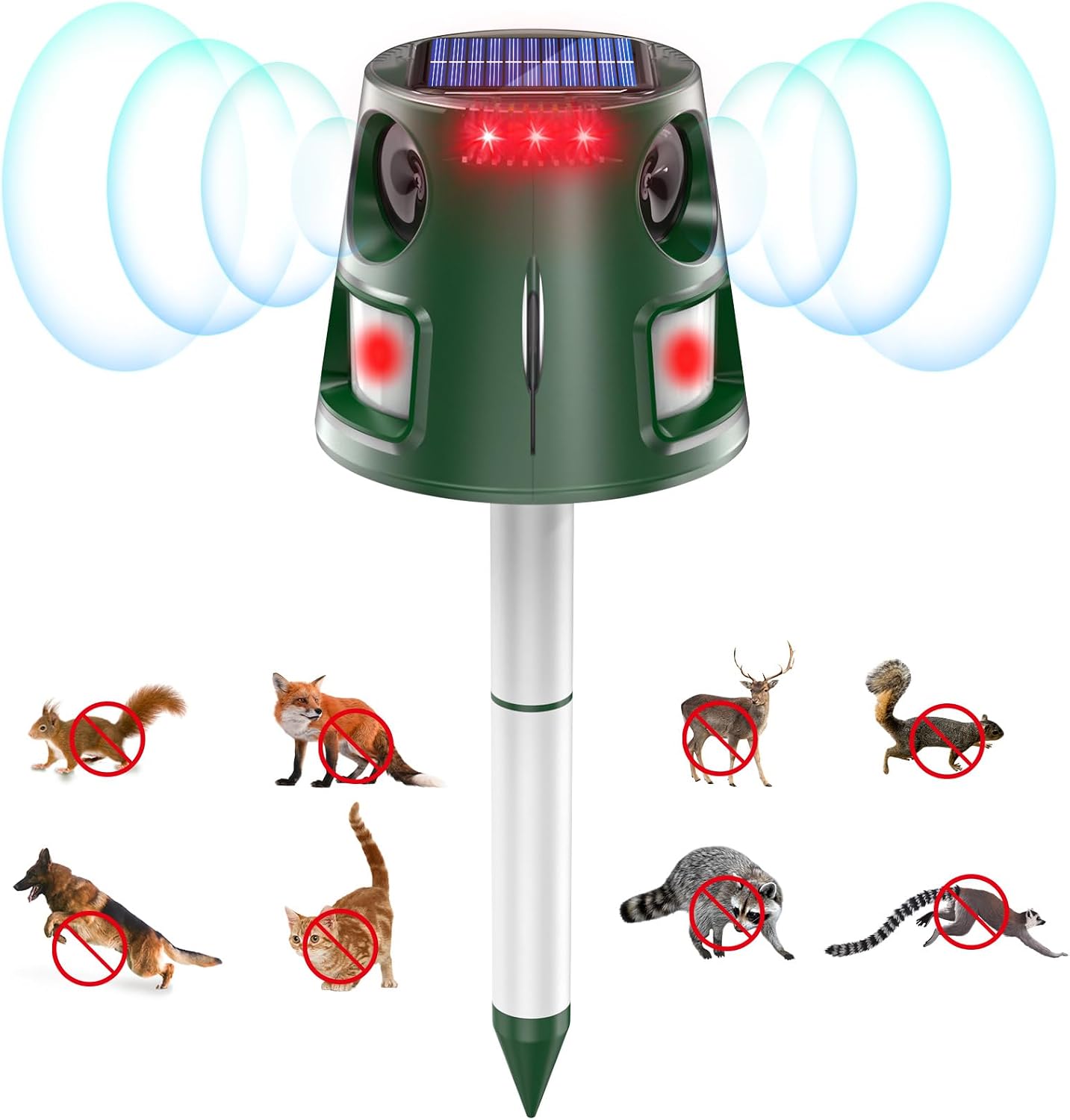 Ultrasonic Animal Repellent Outdoor, Solar Power Cat Rodent Raccoon Repeller, Rabbit Snake Control Device with Motion Sensor and FIashing Light, Waterproof Outdoor Animal Repellent for Deer Squirrel