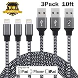 Eashion iPhone Charger, 3Pack 10FT Nylon Braided Lightning Cable Charging Cord for iPhone 7/7 Plus/6/6 Plus/6S/6s Plus/SE/5S/5/5, iPad, iPod and More (Black)