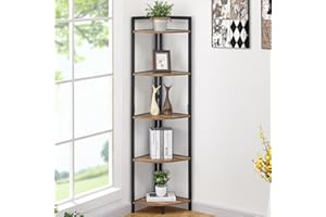 FATORRI Tall Corner Shelf, Industrial Corner Bookshelf, Wood and Metal Corner Shelf Stand for Living Room, Rustic Display Plant Stand for Corner Space (Rustic Oak)