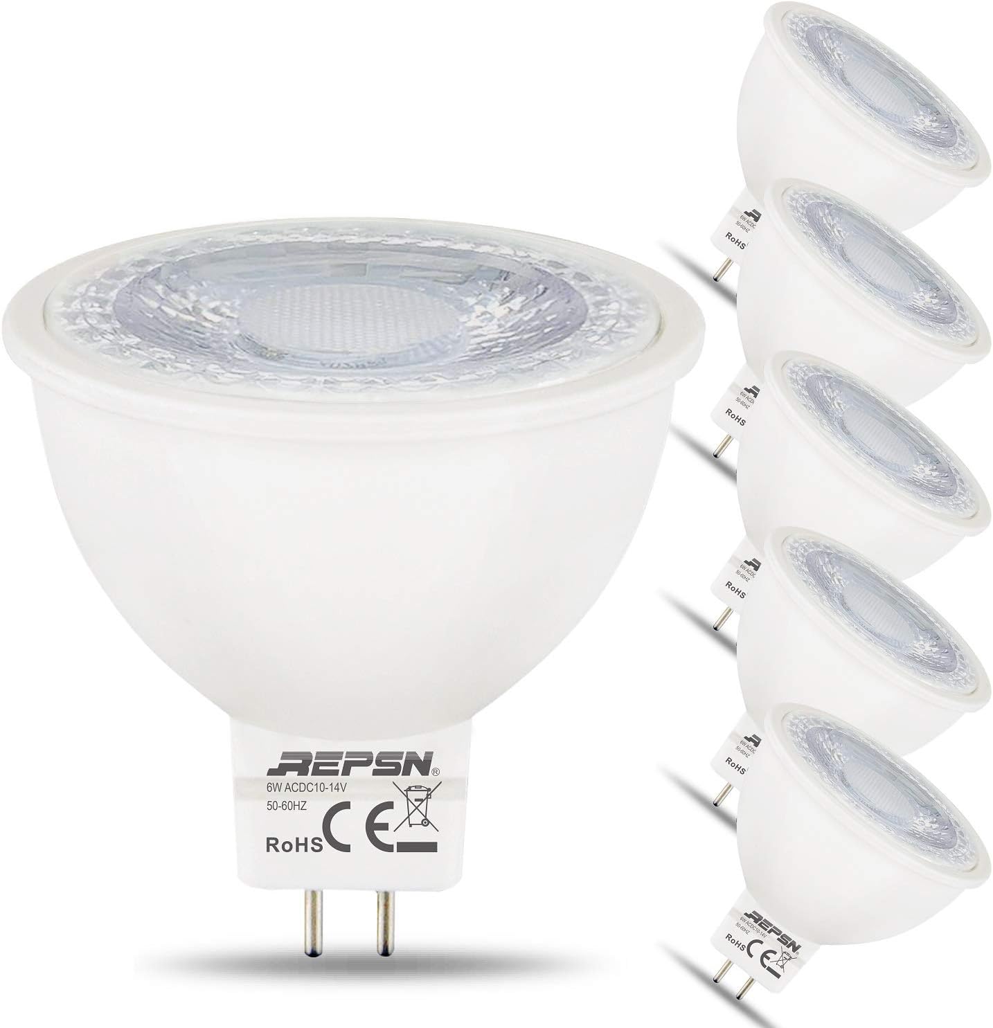 REPSN® 6-Pack MR16 6W=50W LED Light Bulb 6000K Cold White with GU5.3 Base 50W Equivalent Halogen Replacement,6W Spotlight with 500 Lumen Last 40000 Hours