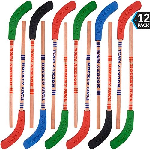 Hockey Pencils and Erasers (Pack of 12) Bulk 9 Inch Hockey Stick