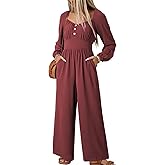 Dokotoo Jumpsuits for Women 2025 Fall Long Sleeves Square Neck Rompers High Waisted Wide Leg Pants Dressy Resort Wear 2025 with Pockets for Party,Red Dahlia Large