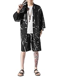 Ambcol Men's Japanese Style Kimono Tops Shorts Sets